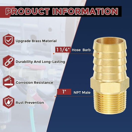 Pack of 1 Brass Hose Barbs Fittings 1 1/4" Hose Barbs to 1" NPT Male Fittings for Home Machines, Massage Bathtubs, and Irrigation Systems