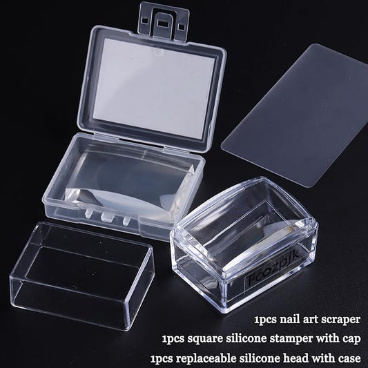 Fcozpjk French Tip Tool, 3PCS Clear Silicone Nail Art Stamper Scraper Kit with Replacement Soft Jelly Stamp Head Quick French Tip Manicure Guides Stamping Polish Printing Design Salon Supplies
