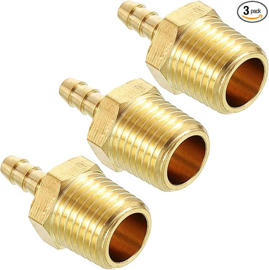 Pack of 3 Brass Hose Barb Fittings Adapter Connector 1/8" Hose Barb to 1/4" NPT Male Fittings for Home Machines, Massage Bathtubs, and Irrigation Systems