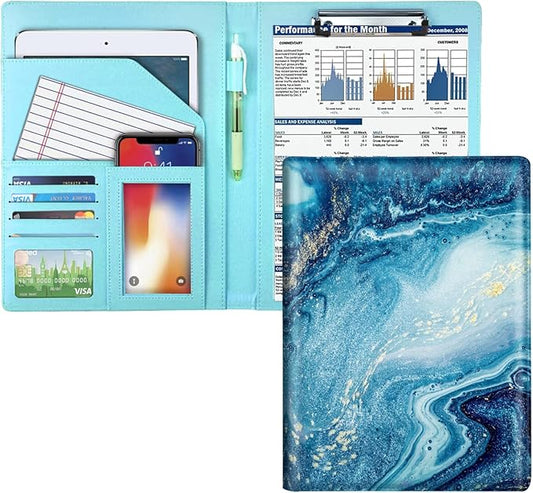 Padfolio Business, Resume Portfolio Folder, Leather Interview Organizer with Legal Pad Clipboard for Men Women, Blue Marble