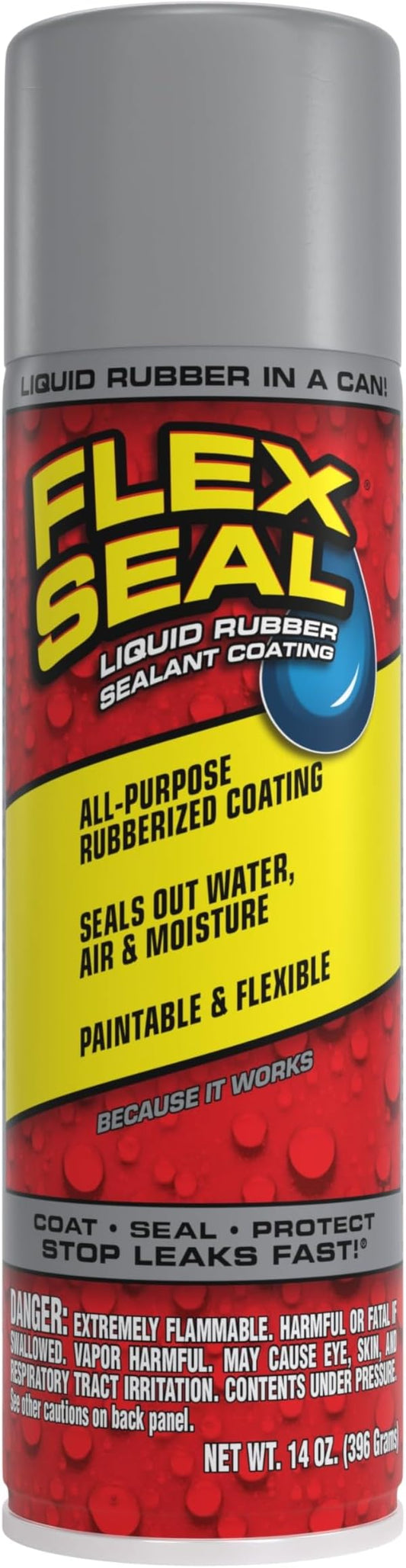 Flex Seal, 14 oz, 1-Pack, Gray, Stop Leaks Instantly, Waterproof Rubber Spray On Sealant Coating, Perfect for Gutters, Wood, RV, Campers, Roof Repair, Skylights, Windows, and More