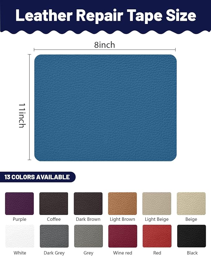 Leather Repair Patch Tape Kit,Self Adhesive Leather Repair for Sofa，Car Seat,Office Chair,Furniture,Jacket,Waterproof Strong Adhesive Vinyl Repair Kit. 8 in x 11 in,Blue