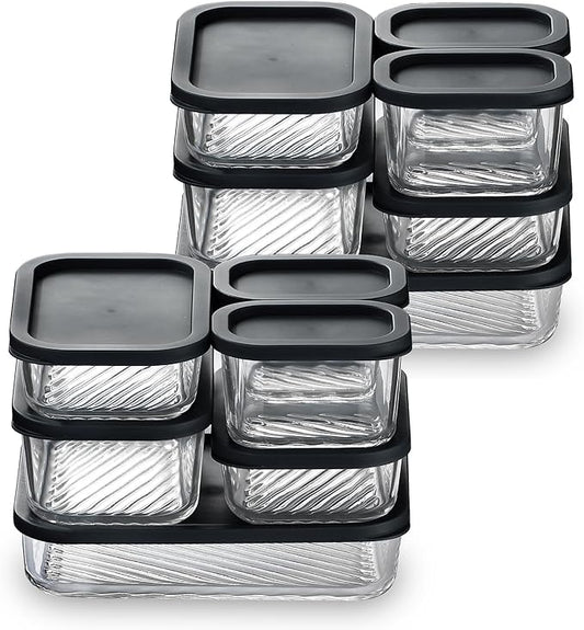 EATEX 12 Pack Glass Meal Prep Containers with Grooved Base, 12 Stackable BPA Free Glass Storage Containers with Lids for Lunch, Pantry, and Kitchen - Microwave, Dishwasher Freezer & Oven Safe - Black