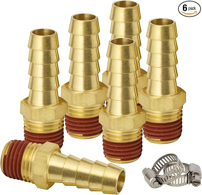 SUNGATOR 6-Pack Air Hose Fittings, 3/8" Barb to 1/4" NPT Air Hose Repair Kit with Sealant, 3/8" to 1/4" NPT Male Brass Fittings, Barbed Gas Line Repair Connectors with 6 Pcs Clamps