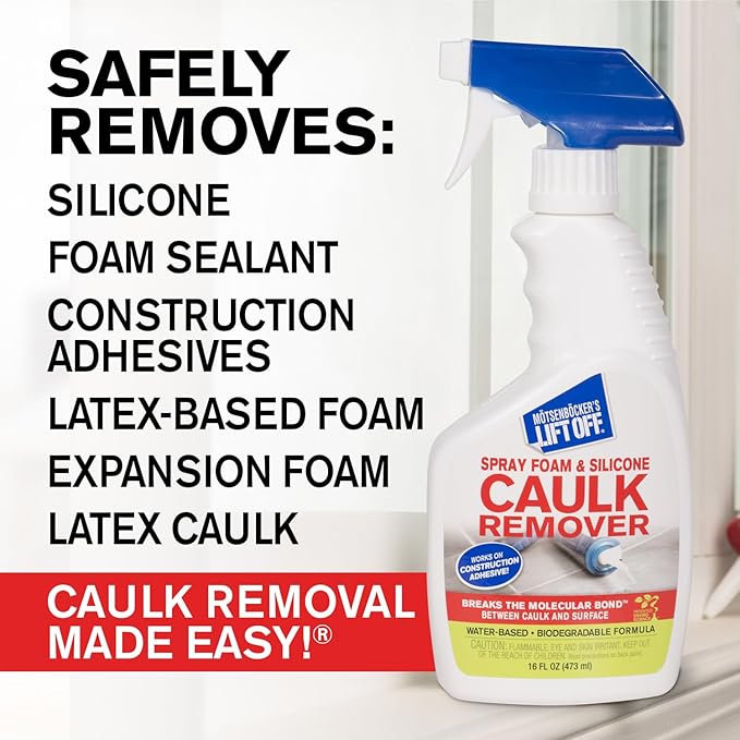Motsenbocker’s Lift Off 41116 16-Ounce Silicone Latex Caulk and Foam Sealant Remover Spray is Safe on Showers, Construction Adhesives, Stainless Steel, Ceramic Water-Based, White