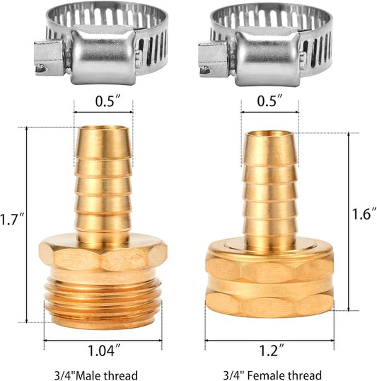 Brass Garden Hose Connector Repair Mender Kit with Stainless Clamp,Fits 1/2" Water Hose Fitting,4 Sets(1/2" Barb x 3/4" GHT)