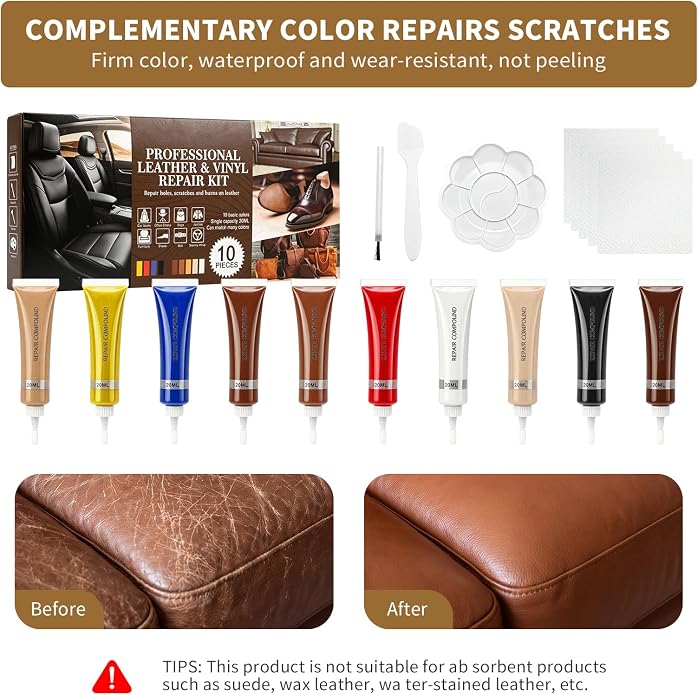 Leather Repair Kit for Furniture, Sofa, Jacket, Car Seats & Purse, 10 Color Vinyl Repair Kit with Easy Instructions to Match More Color, Restore Tears, Scratches on Genuine, Bonded Leather