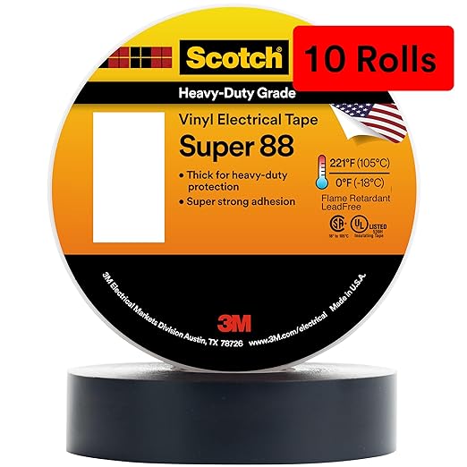 3M Scotch Vinyl Electrical Tape Super 88, 3/4 in x 44 ft, Black, 10 Rolls, Premium Grade, Rubber Resin Adhesive, PVC Backing, All-Season Heavy Duty Electric Tape
