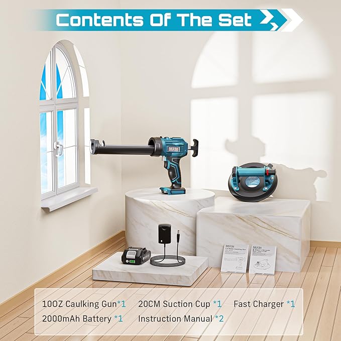 SEESII Electric Caulking Gun & Tile Suction Cup Combo – Cordless Caulk Gun with 2x 2000mAh Batteries + 200 kg Heavy-Duty Glass Suction Cup Lifter for DIY, Home Improvement & Construction