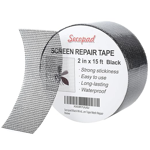 Secopad Black Window Screen Repair Tape, 2 in X 15 FT (180IN) Screen Repair Kit for Windows or Doors, Strong Adhesive Screen Patch Fiberglass Screen Tape Mesh Repair