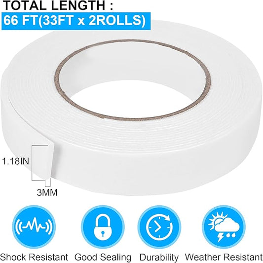 Double Sided Foam Tape 1.18In x 33FT 2 Pack, Mounting Tape Heavy Duty, Strong Adhesive Weatherproof Seal Strips for DIY Craft Picture Poster, Car & Gap Filling Mountings, Home Office Decor (White)