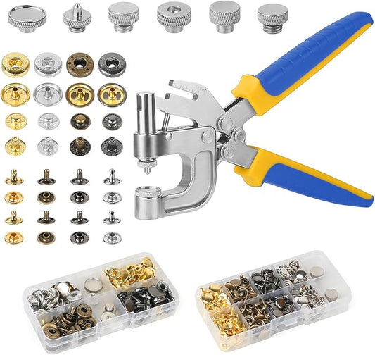 200 Sets Leather Snap Fasteners Kit – 40 Sets 15mm Snap Buttons and 160 Sets Double Cap Rivets（6mm & 8mm Height in 4 Colors with Press Pliers – for Leather Craft, Jeans, Jackets, Bags, DIY Repair