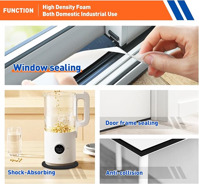 MAGZO Weather Stripping Door Seal, 2 Inch Wide X 1/8 Inch Thick Adhesive Foam Tape Soundproof Weatherstripping for Windows, 1 Roll Total 16FT Black