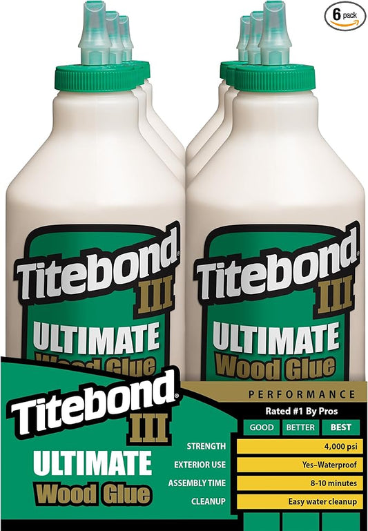 Titebond III Ultimate Wood Glue 32 Oz. (6 Pack) – Premium Professional Woodworking Adhesive, Waterproof, Strong Initial Tack, Interior/Exterior Use, Easy Water Cleanup – 1415
