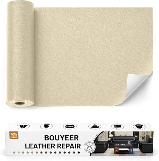 BOUYEER Leather Repair Patch Tape Kit,Self Adhesive Leather Repair for Sofa，Car Seat,Office Chair,Furniture,Jacket,Waterproof Strong Adhesive Vinyl Repair Kit. 17 in x 79 in,Beige
