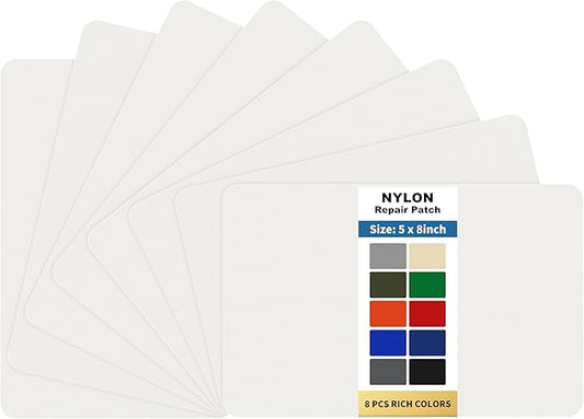 KING MOUNTAIN Self Adhesive Nylon Fabric Repair Patch, 5×8 Inches 8 Pcs, Quick Down Jacket Repair Patch, Waterproof Outdoor Gear Patch Kit for Tent,Backpacks,Umbrella, Gloves, Sleeping Bag (White)