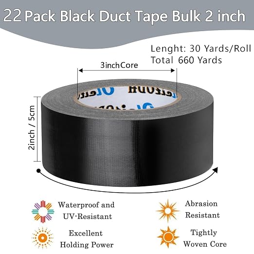 Oleitodh 22 Pack Black Duct Tape Bulk, 2 Inch Heavy Duty (Total 660 Yards), Strong No Residue All-Weather Tape, Tear by Hand, Multi-Use for Indoor