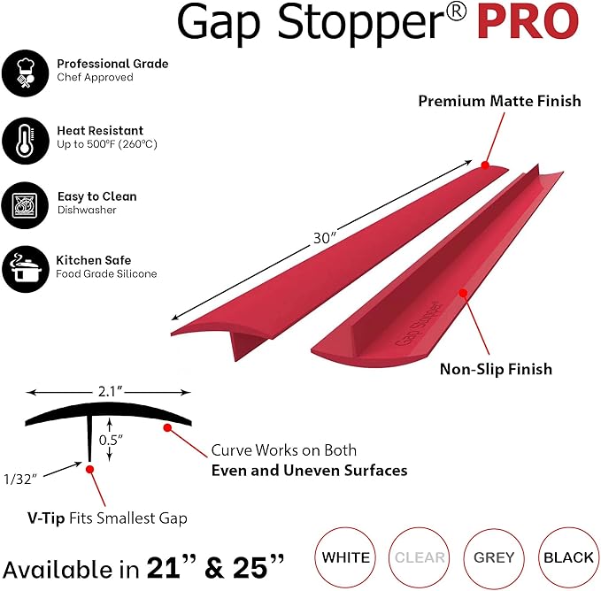 Gap Stopper® Pro - 30" Red, Professional Grade, FDA Heavy 12.0 oz Silicone, Set of 2, Covers Gap between Stove & Countertops