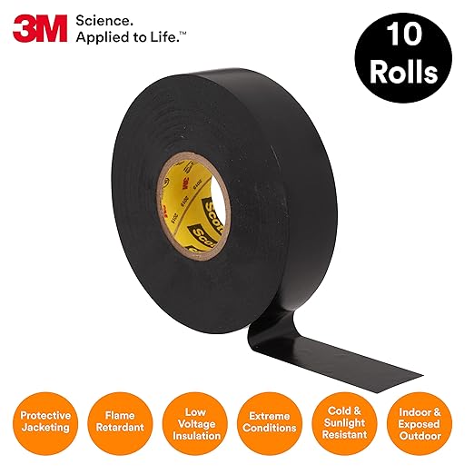 3M Scotch Super 33+ Electrical Tape - 3/4 in x 20 ft, Premium Grade All-Weather Vinyl, Resistant to Abrasion, Moisture, Corrosion, Alkalies - Black, 10 Roll Pack