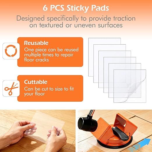 Heavy Duty Floor Gap Fixer Tool 45°Striking Surface Floor Gap Repair Tool, Large Enhanced Suction Cup Made of Iron with Slot Cutter & 6 Reusable Sticky Pads for Vinyl Plank Hardwood Floor