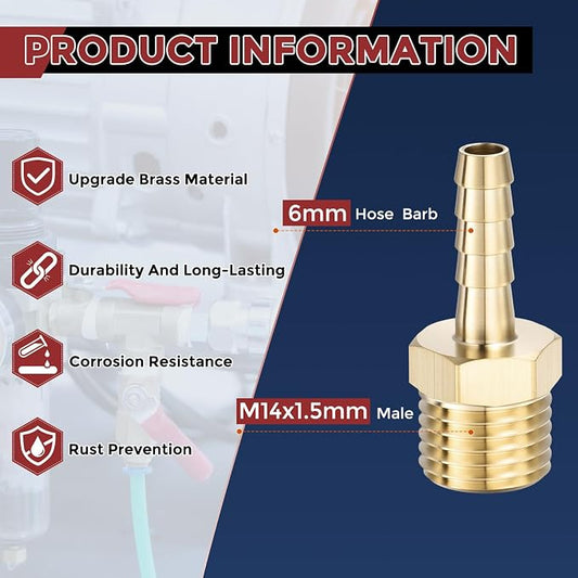 Pack of 3 Brass Hose Barb Fittings Adapter Connector 6mm Hose Barb to M14x1.5 Male Fittings for Home Machines, Massage Bathtubs, and Irrigation Systems