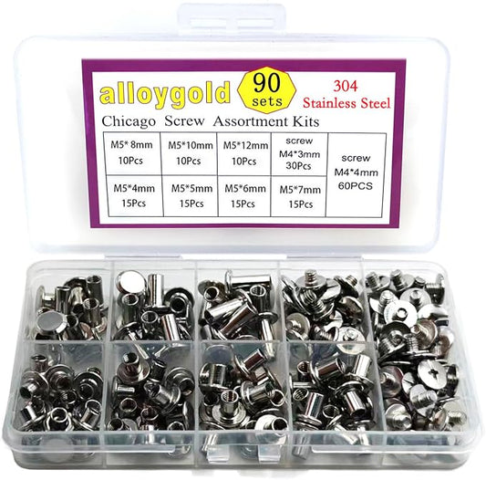 90 Sets 304 Stainless Steel Chicago Screws Leather Assorted Kit, 7 Sizes of Screw Rivets for Crafts, Clothing, Shoes, Belts, Bags and Projects (M5 X 4, 5, 6, 7, 8, 10, 12)