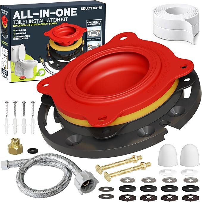 boeemi Toilet Flange Repair Kit with Elastic Wax Ring & 16" Water Supply Line, TF03-RI All-in-One Toilet Installation Kit (with Sealing Caulk Tape)
