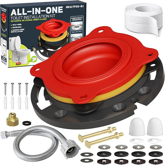 boeemi Toilet Flange Repair Kit with Elastic Wax Ring & 16" Water Supply Line, TF03-RI All-in-One Toilet Installation Kit (with Sealing Caulk Tape)