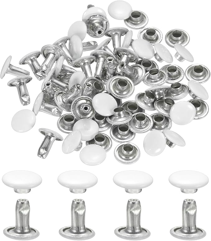 uxcell 120Set Leather Rivets, 8mm Double Cap Rivet Tubular Metal Studs Repairs Decoration Craft Accessories for Repair Decorate Leather Craft Belt Bag Shoes Purse Belts, White