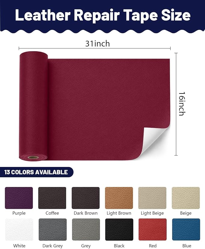 BOUYEER Leather Repair Patch Tape Kit,Self Adhesive Leather Repair for Sofa，Car Seat,Office Chair,Furniture,Jacket,Waterproof Strong Adhesive Vinyl Repair Kit. 16 in x 31 in,Wine red