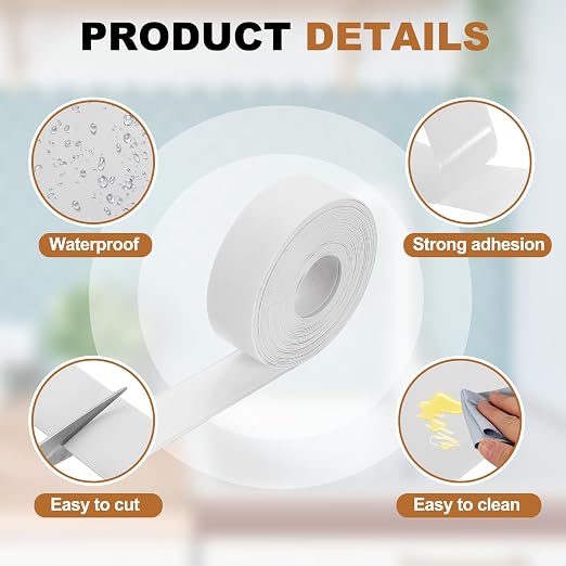 uxcell Caulk Tape Waterproof, 0.83 Inch x 16.4 ft Self-Adhesive Sealant Sealing Strip Caulking Sealant Tape PVC with Tool for Kitchen Sink Toilet Bathroom Bathtub Floor, White