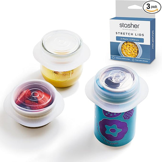 Stasher Premium Reusable Silicone Stretch Lids, Clear, 3pk of 2.5” Lids, Airtight Seal, Food Container Covers, BPA Free, Leak-free, Dishwasher Safe, Microwave Safe, Eco-Friendly