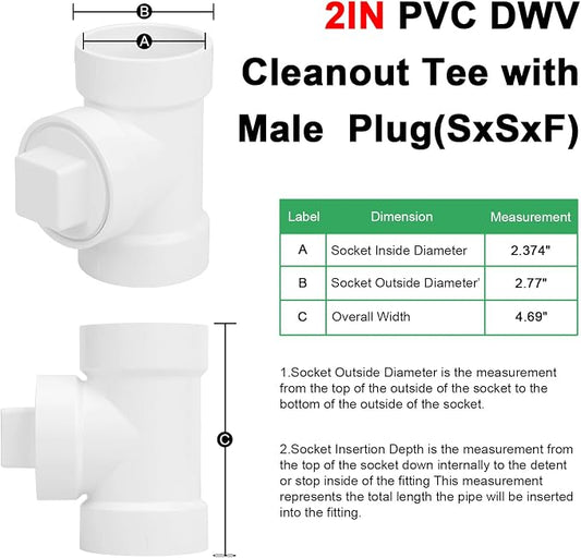 3Pack 2IN PVC DWV Cleanout Tee with Plug Pipe Fitting (Socket x Socket x FPT) SCH40 2IN DWV PVC Sewer Cleanout Tee with NPT Female Cap Cover for pipe, Drain, Waste, Vent