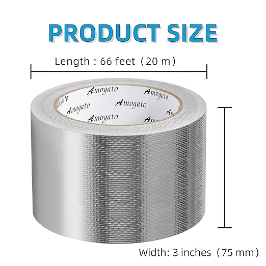 Fiberglass Aluminum Foil Tape - 3 inch x 66 Feet, Self-Adhesive Fiberglass Heat Shield Tape, Silver Heat Resistant Tape, Reflective Aluminum Foil Tape for HVAC, Auto, Insulation, Repair