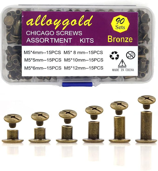 Bronze Chicago Screws Leather Kit, 90 Sets, 6 Sizes (M5 X 4-12) | Screw Rivets, DIY Leather Craft, Bookbinding, Assorted Kit