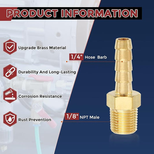 Pack of 8 Brass Hose Barb Fittings Adapter Connector 1/4" Hose Barb to 1/8" NPT Male Fittings for Home Machines, Massage Bathtubs, and Irrigation Systems