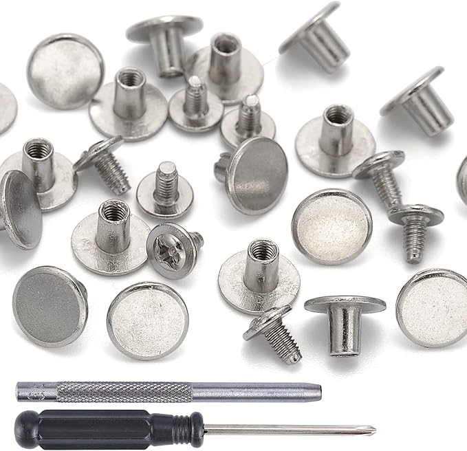 YORANYO 100 Sets Silver Color Round Flat Head Chicago Screws for Leather Chicago Rivets Kit Button Studs Leather Rivets Chicago Screw for Leather Crafting Clothing Shoes Belts Bags 25/64 Inch