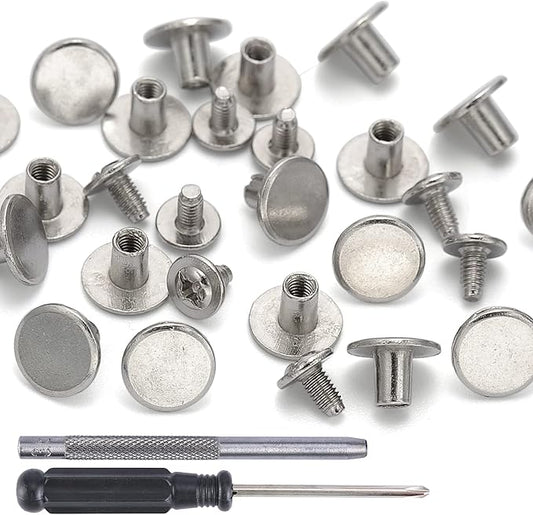 YORANYO 100 Sets Silver Color Round Flat Head Chicago Screws for Leather Chicago Rivets Kit Button Studs Leather Rivets Chicago Screw for Leather Crafting Clothing Shoes Belts Bags 25/64 Inch
