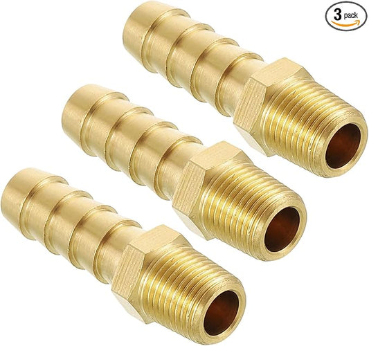 Pack of 3 Brass Hose Barb Fittings Adapter Connector 3/8" Hose Barb to 1/8" NPT Male Fittings for Home Machines, Massage Bathtubs, and Irrigation Systems