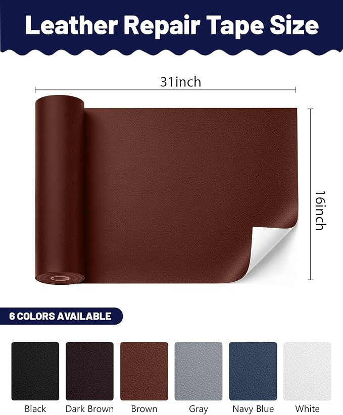 BOUYEER Leather Repair Patch Tape Kit,Self Adhesive Leather Repair for Sofa，Car Seat,Office Chair,Furniture,Jacket,Waterproof Strong Adhesive Vinyl Repair Kit. 16 in x 31 in,Fine Grained Brown