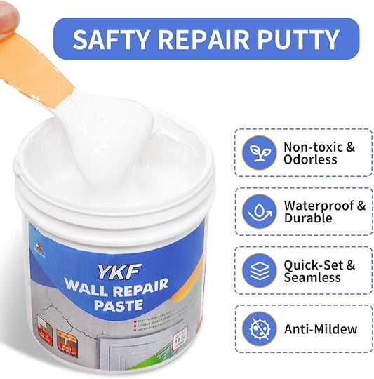 YKF Drywall Repair Kit (18 oz) - Spackle Paste with Scraper & 2X Self-Adhesive Patches (4") - Quick Dry, Waterproof Mending Agent for Large Holes, Plaster (White)
