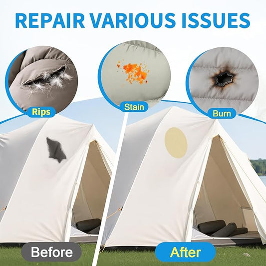 Waterproof Self-Adhesive Nylon Patches for Tent Repair Kit, 24pcs Outdoor Gear Tenacious Repair Tape, Fabric Patches for Clothes, Down Puffer Jacket, Tent, Sleeping Bag, Backpack, Beige