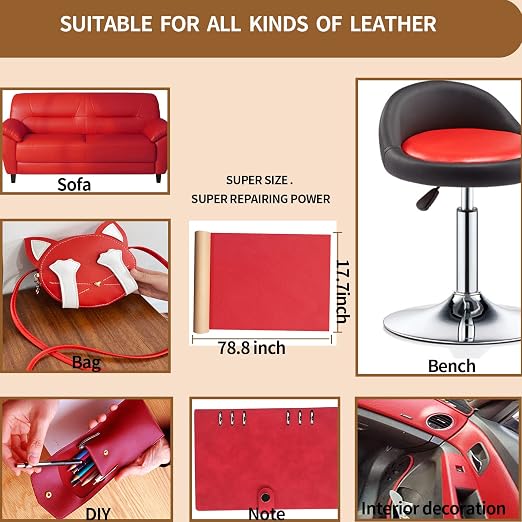 Oversized Leather Repair Tape, Adhesive Repair for Leather,17.7 x 78.8inches, for Sofas, car Seats, Furniture, Bags, Jackets, Armchair Tear Repair Patches (Red)