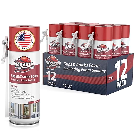 Kraken Bond Gaps & Cracks Expanding Foam Sealant - (12x12oz) High Expansion Polyurethane Spray Foam for Window & Door, Straw Use Waterproof High Yield Gap Filler - 12 Pack