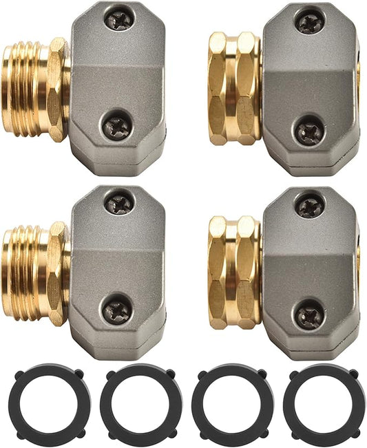 Garden Hose Repair Connector Fitting, Brass Mender Female and Male Hose End Connector with Zinc Clamp, Fit 5/8-Inch and 3/4-Inch Garden Hose, 2 Sets