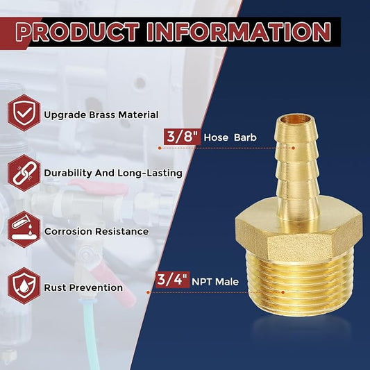 Pack of 4 Brass Hose Barb Fittings Adapter Connector 3/8" Hose Barb to 3/4" NPT Male Fittings for Home Machines, Massage Bathtubs, and Irrigation Systems