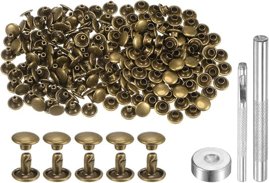 HARFINGTON 100 Sets Leather Rivets 6 x 8mm Metal Double Cap Rivet Snaps Studs Fasteners with 3pcs Setting Tools Rivets for Leather Craft DIY Repair Decoration, Bronze