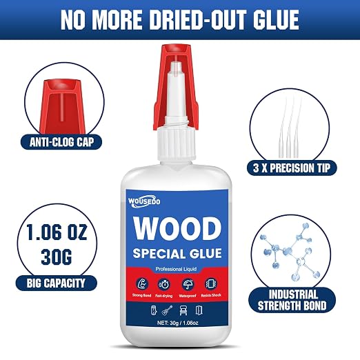 WOUSEDO Wood Glue 30g, Clear Fast Drying Cyanoacrylate Adhesive | CA Glue for Timber, Hardwood, Softwood, Particle Board, Furniture, Ideal for Woodworking & Craft Repair, Waterproof & Strong