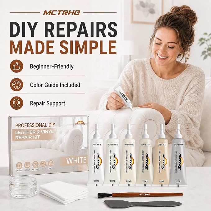 Leather & Vinyl Repair Kit for Boat, Car Seat, Furniture, Couch, Bag, Shoe | White, Cream, Gray, No Skills Needed, for Scratch, Tear, Crack, Hole, Peel & Burn on Faux Upholstery, Sofa, Purse, Jacket, RV