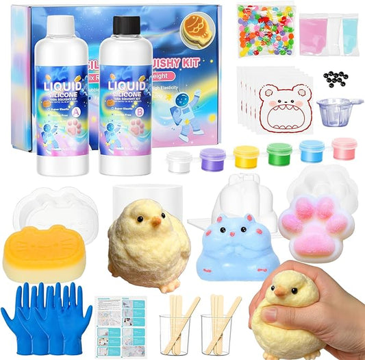 Taba Squishy Maker Kit – DIY Squishy Craft Kit, Silicone Mold Making Set with 18oz AB Silicone Gel, Giant Chick/Paw/Hamster/Cat Molds, Flocking Powder – Stress Relief Craft Gift for Adult